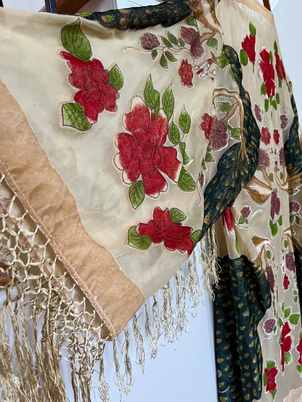 Peacock Burnout Velvet Fringe Kimono Robe Boho Festival BeigeTeal Silk Duster OS - Picture 7 of 14